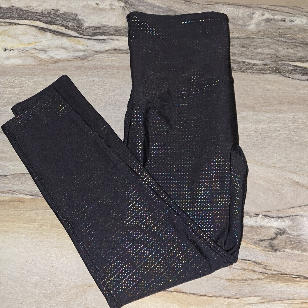 SPANX L Black Holographic Glitter Active Leggings Cropped 7/8 Sparkle Workout - Picture 4 of 8